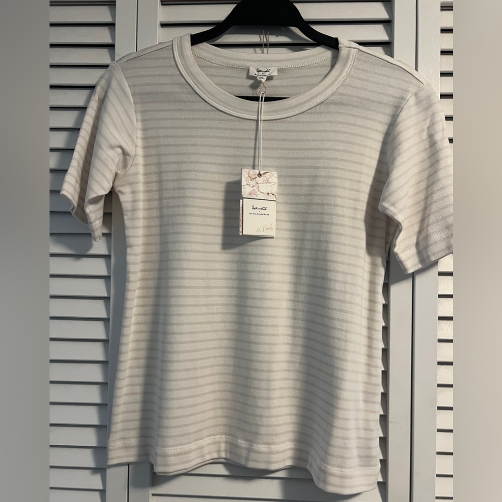 Splendid Exclusive Colab @CELLAJANEBLOG white beige stripes T Shirt sz Large NWT